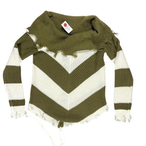 Derek Heart Sweater S Olive Green White Striped Distressed Frayed Pullover New - Picture 1 of 16